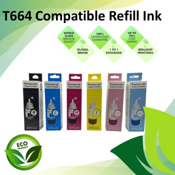 Compatible T664 Black/Cyan/Magenta/Yellow/Light Cyan/Light Magenta 6 Color Refill Ink Bottle 100ML for Epson EcoTank Printer